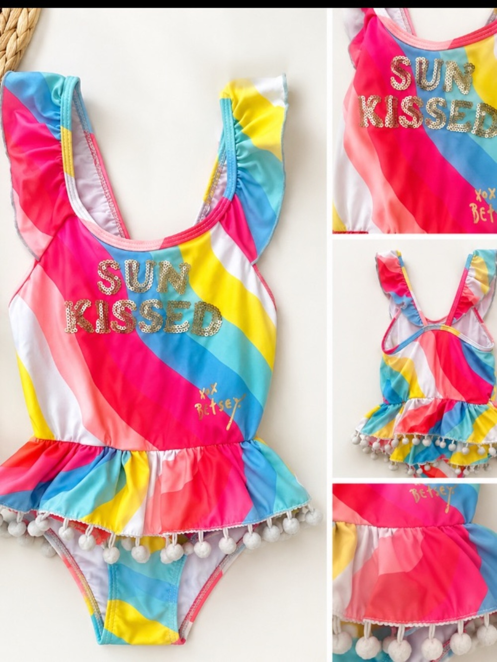 Betsey Johnson Kids "Sun Kissed" Rainbow Pom-Pom One-Piece Swimsuit size 4